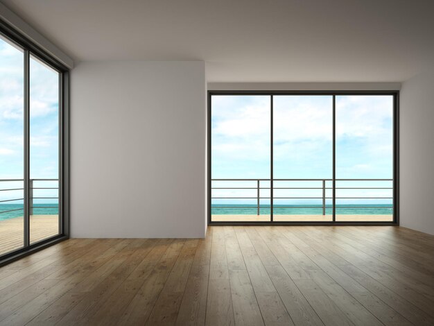 Interior de habitación vacía con renderizado 3D con vista al mar