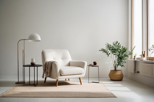 Foto interior de habitación vacía con sillón y mesa lateral en un interior de sala de estar blanco minimalista