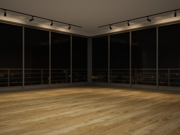 Interior de la habitación vacía vista nocturna representación 3 D
