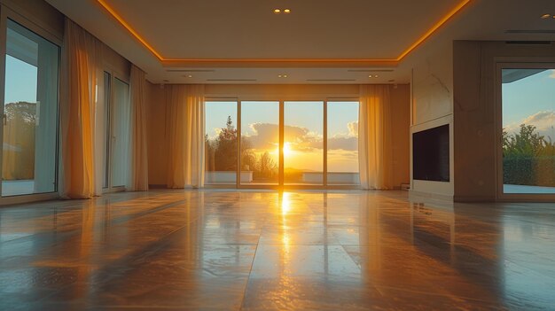 Foto interior de la habitación y ventanas con un espacio vacío en un hogar o oficina moderna durante el verano en una casa de negocios