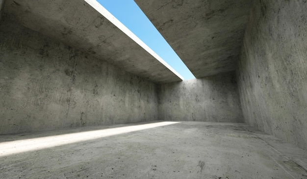 Interior del hangar de hormigón vacío con luz solar desde el techo abierto