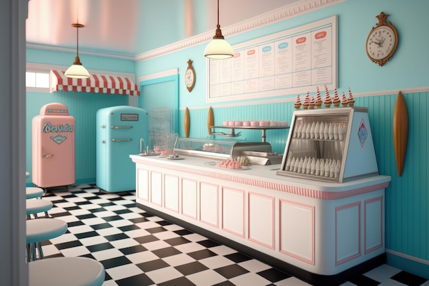 Interior de heladería retro Heladería de estilo antiguo de los años 60 Ilustración digital AI