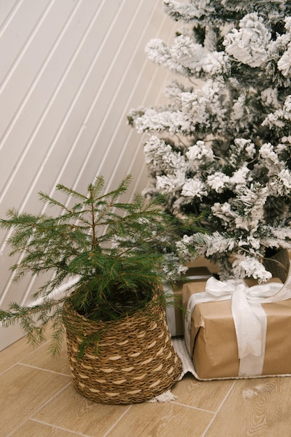 El interior de una hermosa casa luminosa decorada para el Nuevo árbol de Navidad en una maceta de mimbre