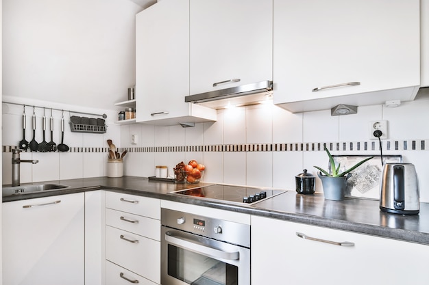 Cocina moderna en blanco y negro. Hermoso interior nuevo. Horno microondas,  placa eléctrica y horno eléctrico integrados, tecnología Fotografía de  stock - Alamy