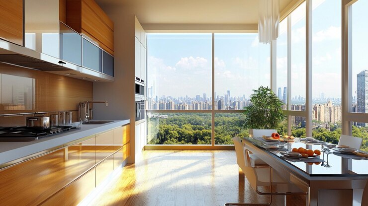 interior de una hermosa cocina con todos los accesorios en una casa de lujo y moderna