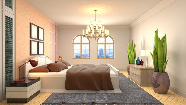 Interior hermoso del dormitorio en la ilustración de la representación 3d