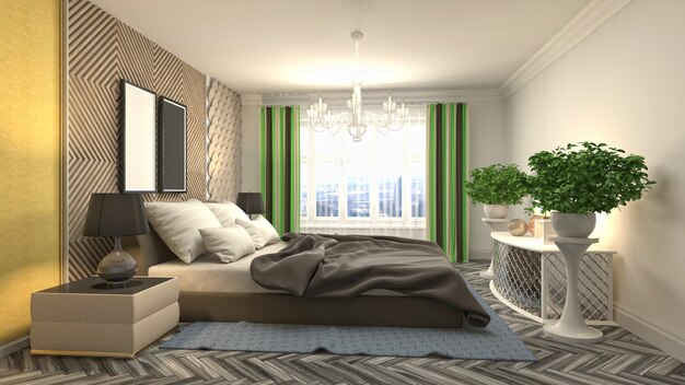 Interior hermoso del dormitorio en la ilustración de la representación 3d