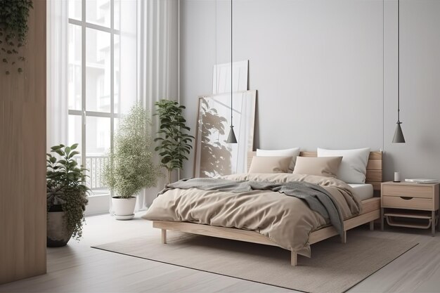 Interior de un hermoso dormitorio moderno con cama frente a la pared AI generativa