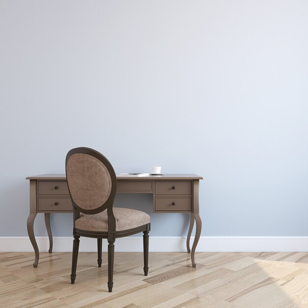 Interior hermoso de la oficina en casa con escritorio de madera cerca de la pared azul vacía. Render 3D.