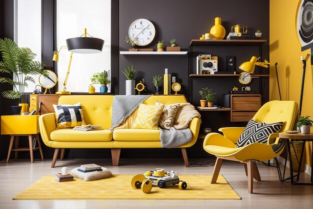 Foto interior hipster con muebles modernos con acentos amarillos y accesorios retro