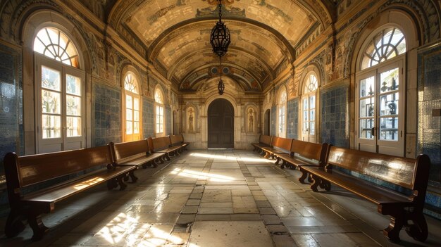 Interior histórico iluminado por el sol con techos arqueados y paredes de azulejos en un majestuoso edificio antiguo