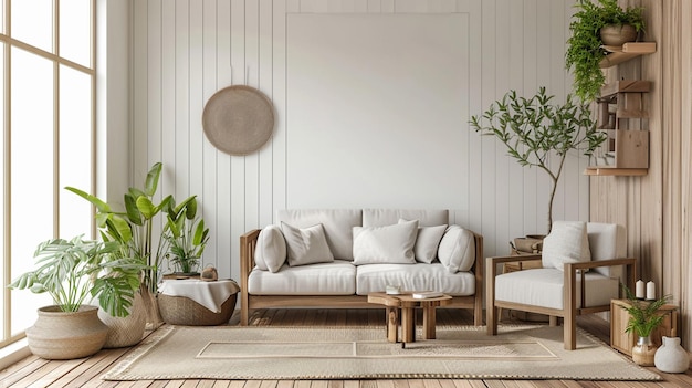 Interior del hogar con decoración de estilo escandinavo muebles de madera neutros Generativo Ai