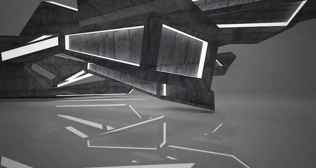 Interior de hormigón abstracto con ilustración y renderizado 3D de iluminación de neón