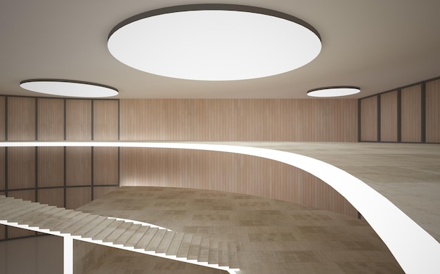 Interior de hormigón abstracto con ilustración y renderizado 3D de iluminación de neón