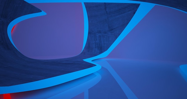 Interior de hormigón arquitectónico abstracto de una casa minimalista con iluminación de neón degradada de color 3D