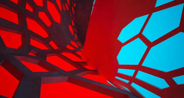 Interior de hormigón arquitectónico abstracto de una casa minimalista con iluminación de neón degradada de color 3D