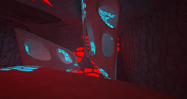 Interior de hormigón arquitectónico abstracto de una casa minimalista con iluminación de neón degradada de color 3D