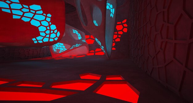 Interior de hormigón arquitectónico abstracto de una casa minimalista con iluminación de neón degradada de color 3D