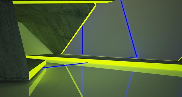 Interior de hormigón arquitectónico abstracto de una casa minimalista con iluminación de neón degradada de color 3D