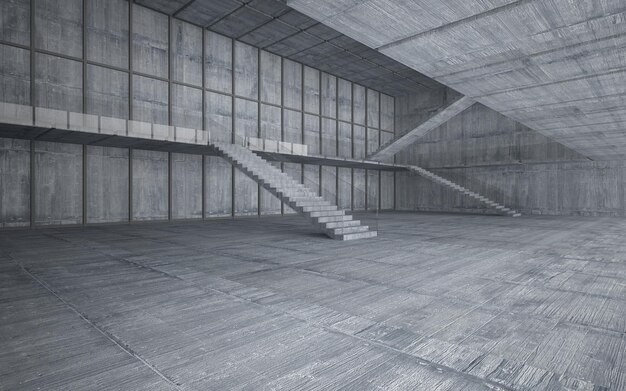 Interior de hormigón arquitectónico abstracto de una casa minimalista. Ilustración y renderizado 3D.