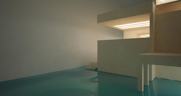 Interior de hormigón arquitectónico abstracto de una casa minimalista de pie en el agua 3D