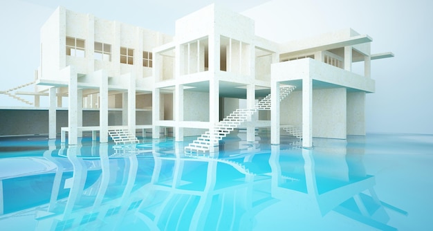 Foto interior de hormigón arquitectónico abstracto de una casa minimalista de pie en el agua 3d