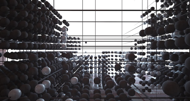 Interior de hormigón arquitectónico abstracto de una serie de esferas con grandes ventanales modelo 3d