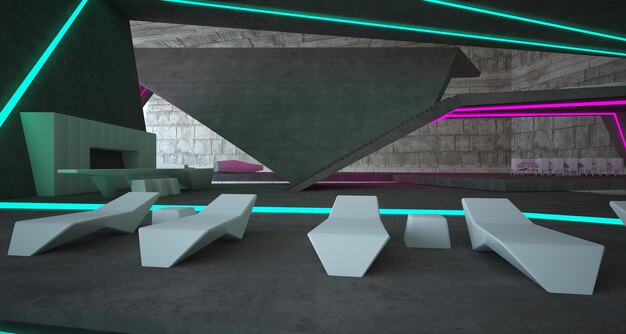 Interior de hormigón arquitectónico abstracto de una villa moderna en el mar con luces de neón de colores 3D