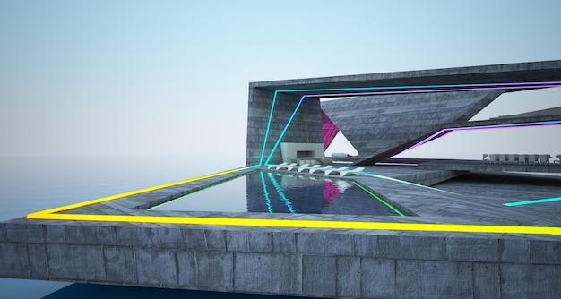 Interior de hormigón arquitectónico abstracto de una villa moderna en el mar con luces de neón de colores 3D