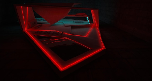 Interior de hormigón arquitectónico abstracto de una villa moderna en el mar con luces de neón de colores 3D