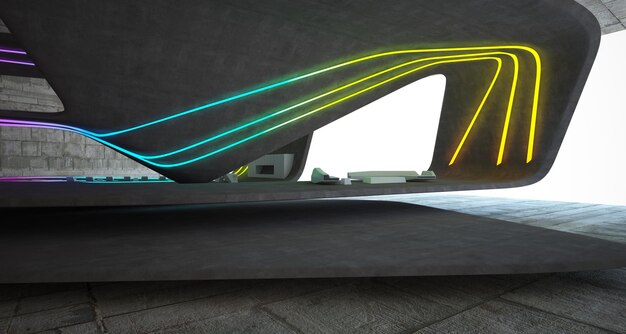 Interior de hormigón arquitectónico abstracto de una villa moderna en el mar con luces de neón de colores 3D