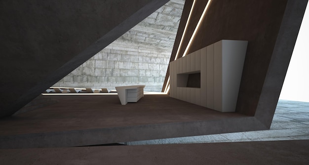 Interior de hormigón arquitectónico abstracto de una villa moderna en el mar con piscina