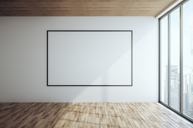 Interior de hormigón contemporáneo con suelo de madera y techo, cartelera en blanco, sombras, luz solar y ventana con vistas a la ciudad, maqueta de renderizado 3D