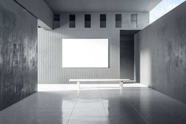 Interior de hormigón gris con luz solar y lugar de maqueta de banner vacío Exposición de arte y concepto publicitario Representación 3D