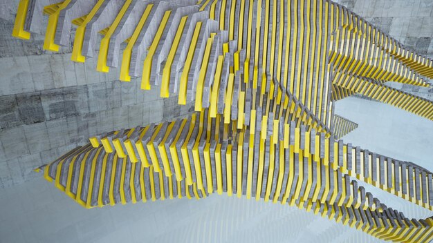 Interior de hormigón marrón y beige abstracto con ilustración y renderizado 3D de luces de neón