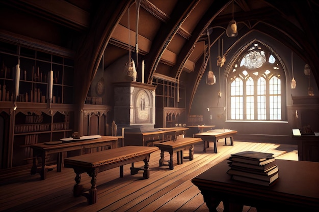 Interior de la iglesia antigua con libros y piso de madera IA generativa