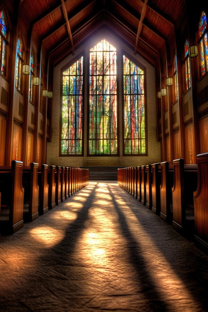 Foto interior de una iglesia catedral con vitrales y luz ai