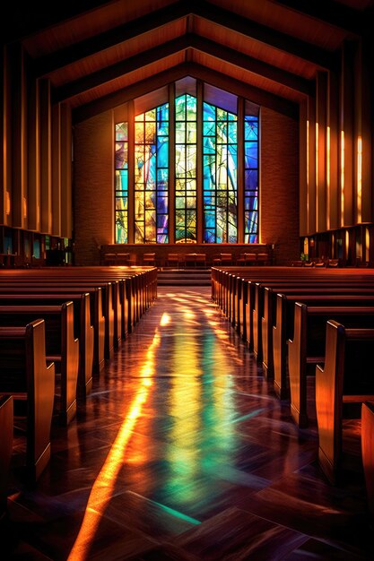 Foto interior de una iglesia catedral con vitrales y luz ai