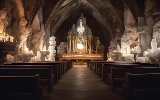 El interior de una iglesia con una estatua de una mujer al fondo