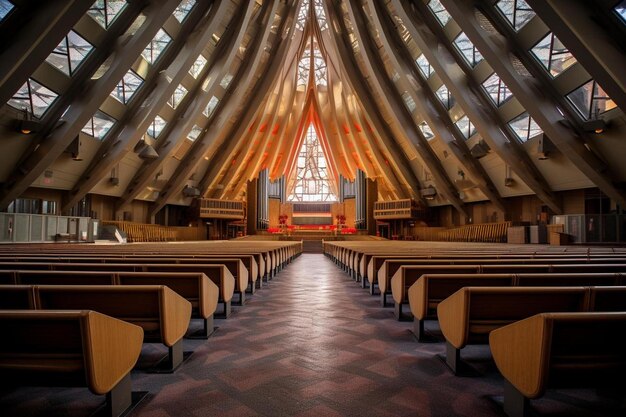 Foto el interior de una iglesia con una gran ventana sobre el altar.