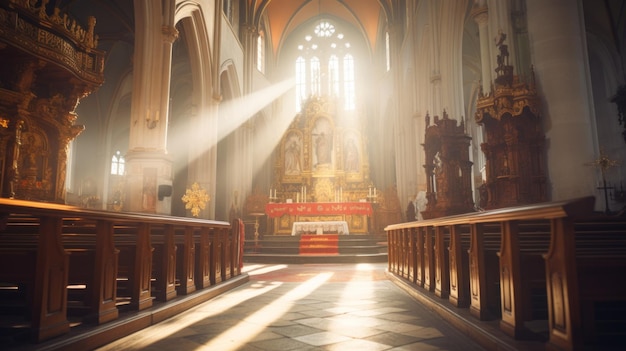 El interior de la iglesia iluminado por el sol con el altar en la distancia