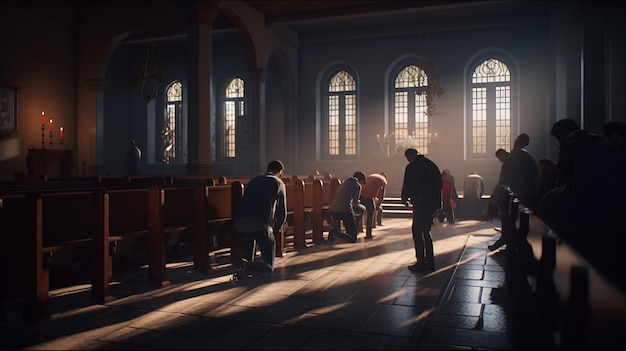 Interior de una iglesia en la noche con gente rezando en el fondo