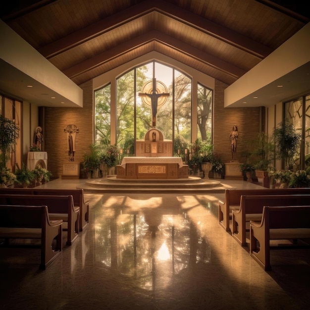 Interior de una iglesia con techo de madera