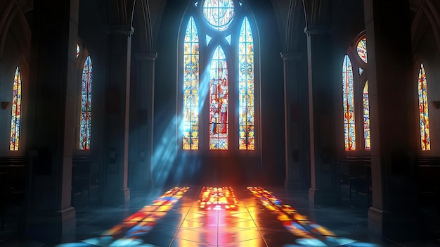 Interior de la iglesia con vidrieras brillantes y luz en el suelo
