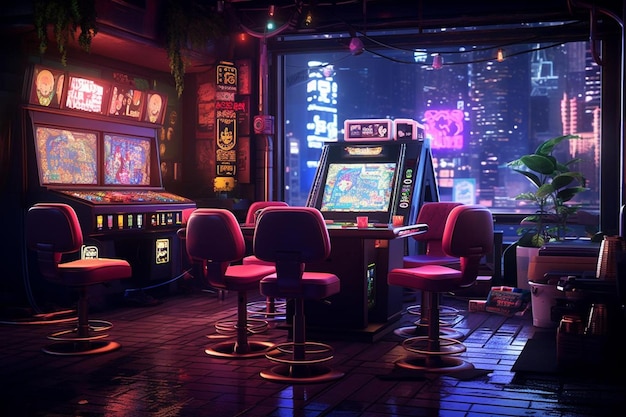 Foto interior iluminado con neón de una sala de juegos