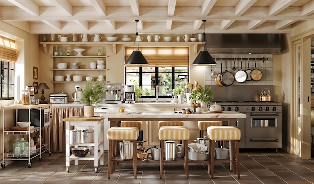 Un interior impresionante diseño de cocina de lujo con una mesa de comidas moderna