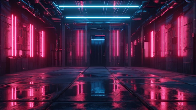 Interior industrial atmosférico com iluminação vermelha de néon e névoa criando um efeito dramático