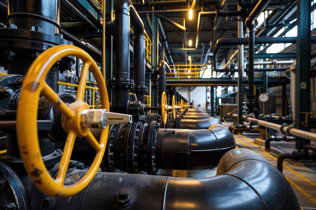 Foto un interior industrial con una compleja red de grandes tuberías negras y válvulas amarillas