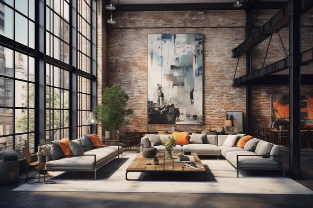 Interior IndustrialChic Exposed Brick e Flair Artístico Criado com IA Gerativa