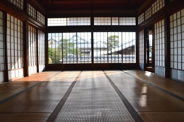 Interior de inspiración japonesa con tapices Tatami y pantallas Shoji